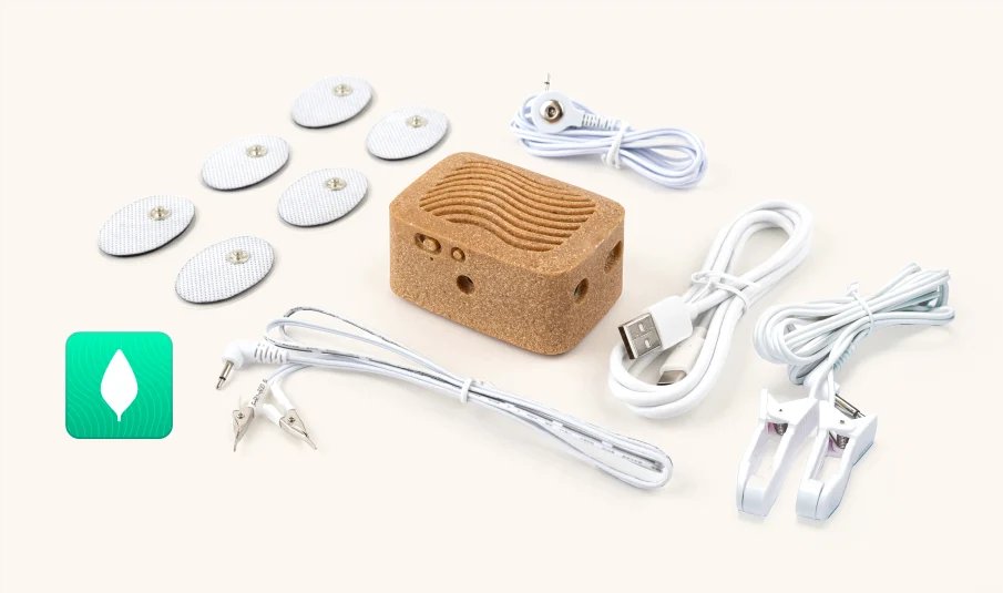 PlantWave kit: cork device, sensor pads, clip and lead cables, USB cable
